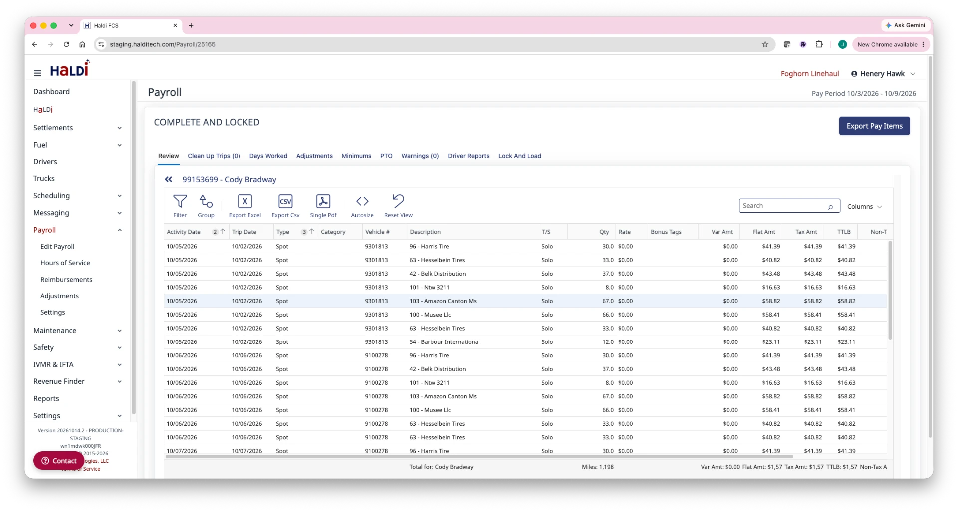 Automated payroll calculator screen with driver pay breakdown