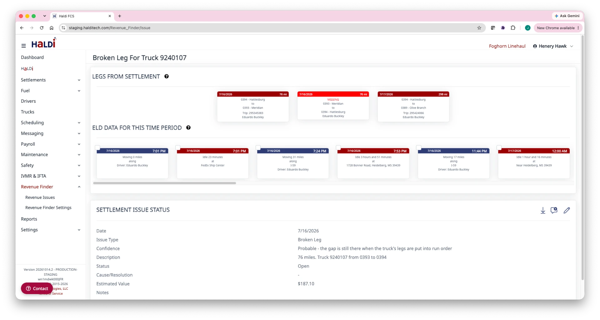 Profit recovery screen flagging missing trips and fuel supplements