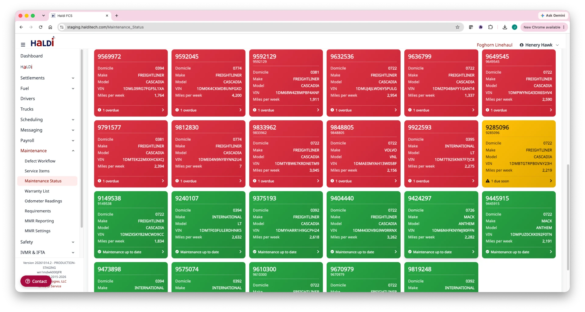 Maintenance tracking screen with upcoming PMs, inspections and registrations