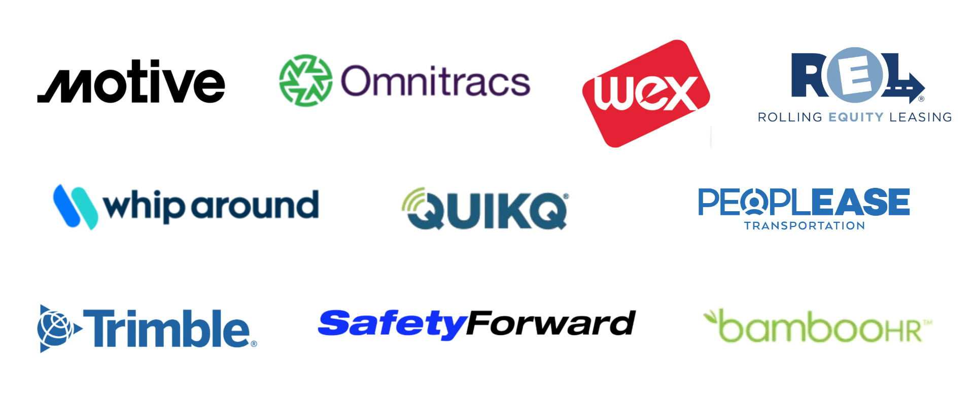 Integrates with Motive, Omnitracs, Safety Forward, REL, PEOPLEASE, WEX, Trimble, Whip Around, QUIKQ, and BambooHR