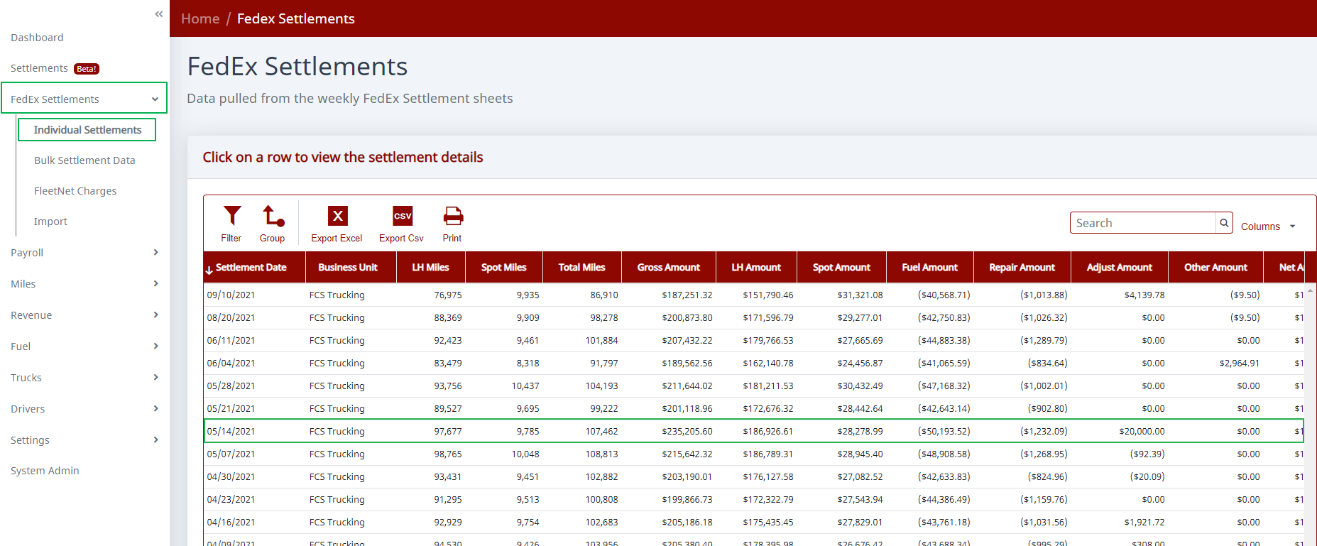 Screenshot 1 — the Individual Settlements list