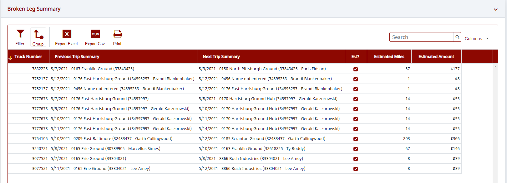 Screenshot 2 — the Broken Leg Summary grid