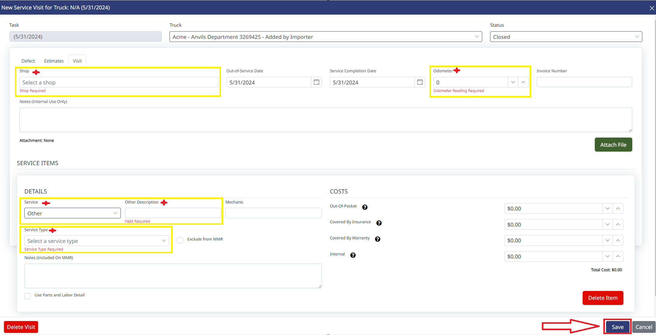 Filling out the service item details and saving
