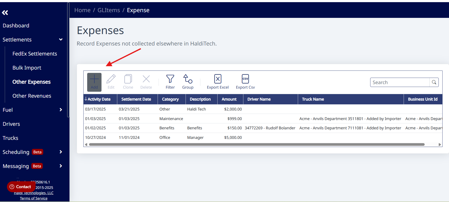 Other Expenses / Other Revenues grid with the + Add button