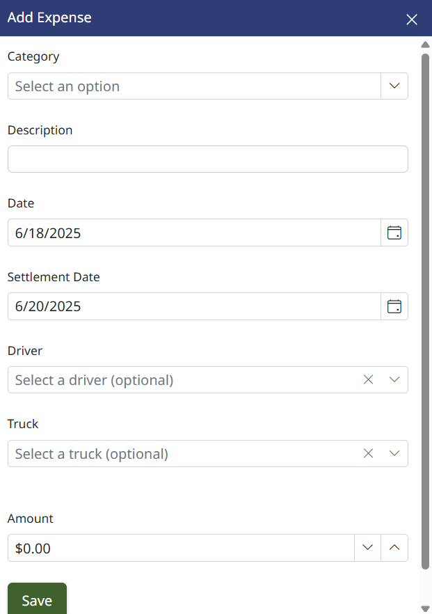 New expense/revenue form with category, description, date, and amount