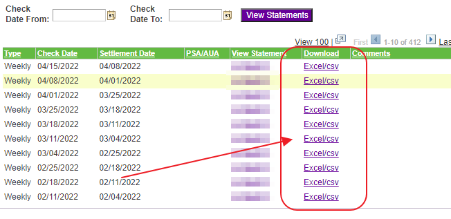 Choose a settlement and click Excel/CSV