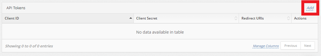 Add API Token Redirect URI window