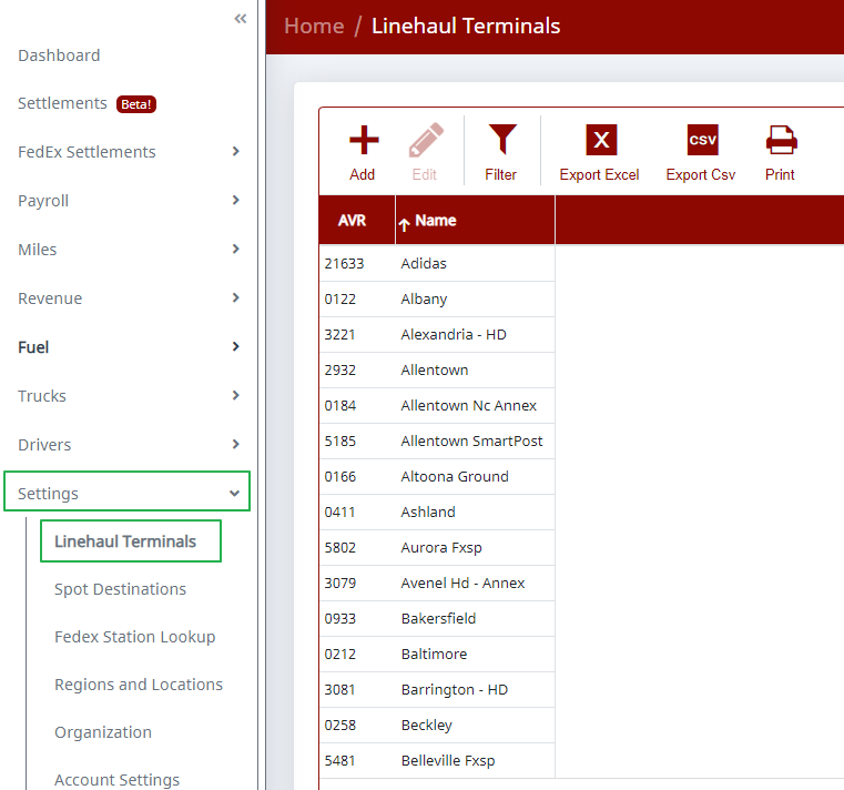 Linehaul Terminals list with AVR numbers