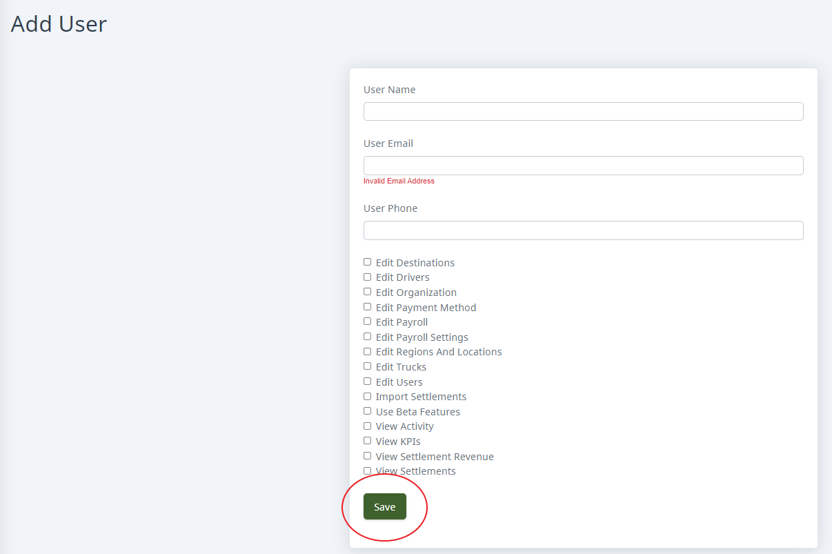 New user form with name, email, phone, and permissions