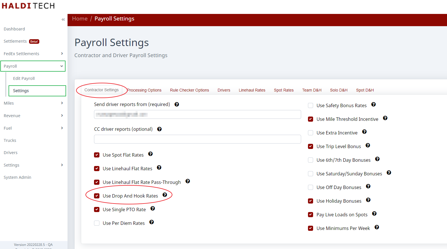 Turning D&H rates on in the payroll settings screen