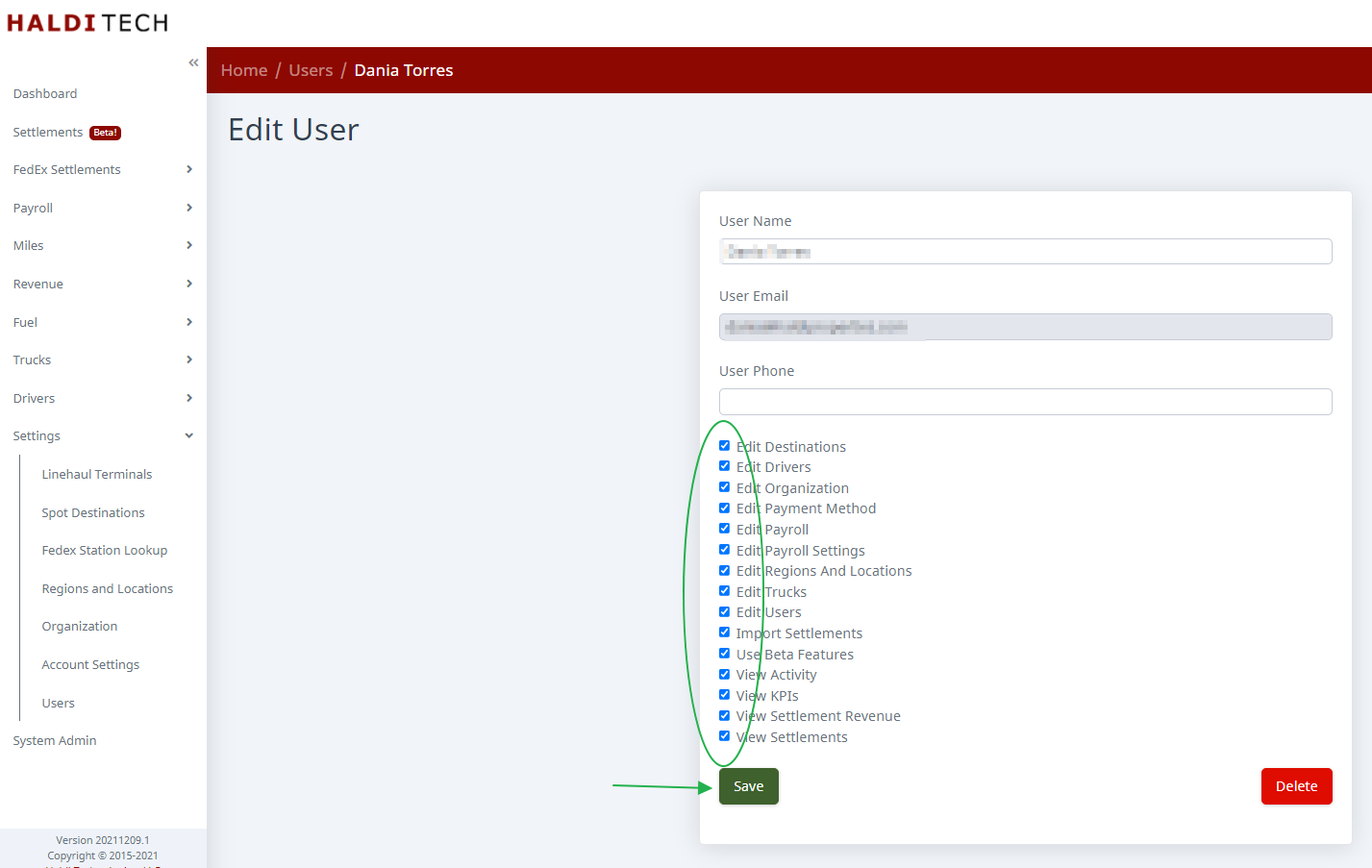 Setting the user's permissions and saving