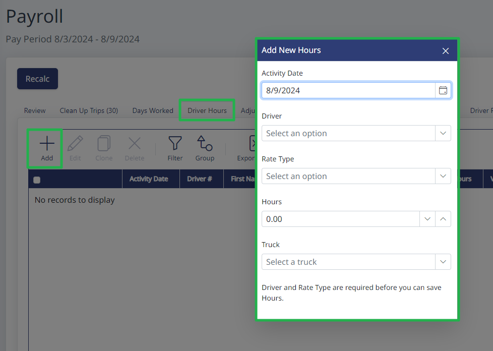 Adding driver hours and selecting the rate type