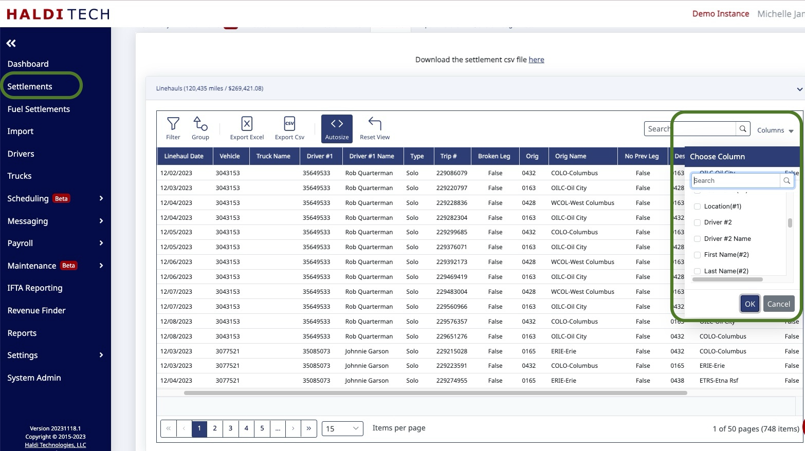 Grid column dropdown showing Region and Location fields
