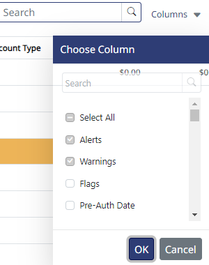 Columns drop-down